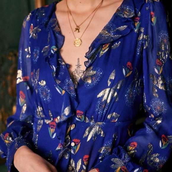 SOLD Sezane Adele silk Dress- "electric blue floral" Size 36 - Picture 3 of 12